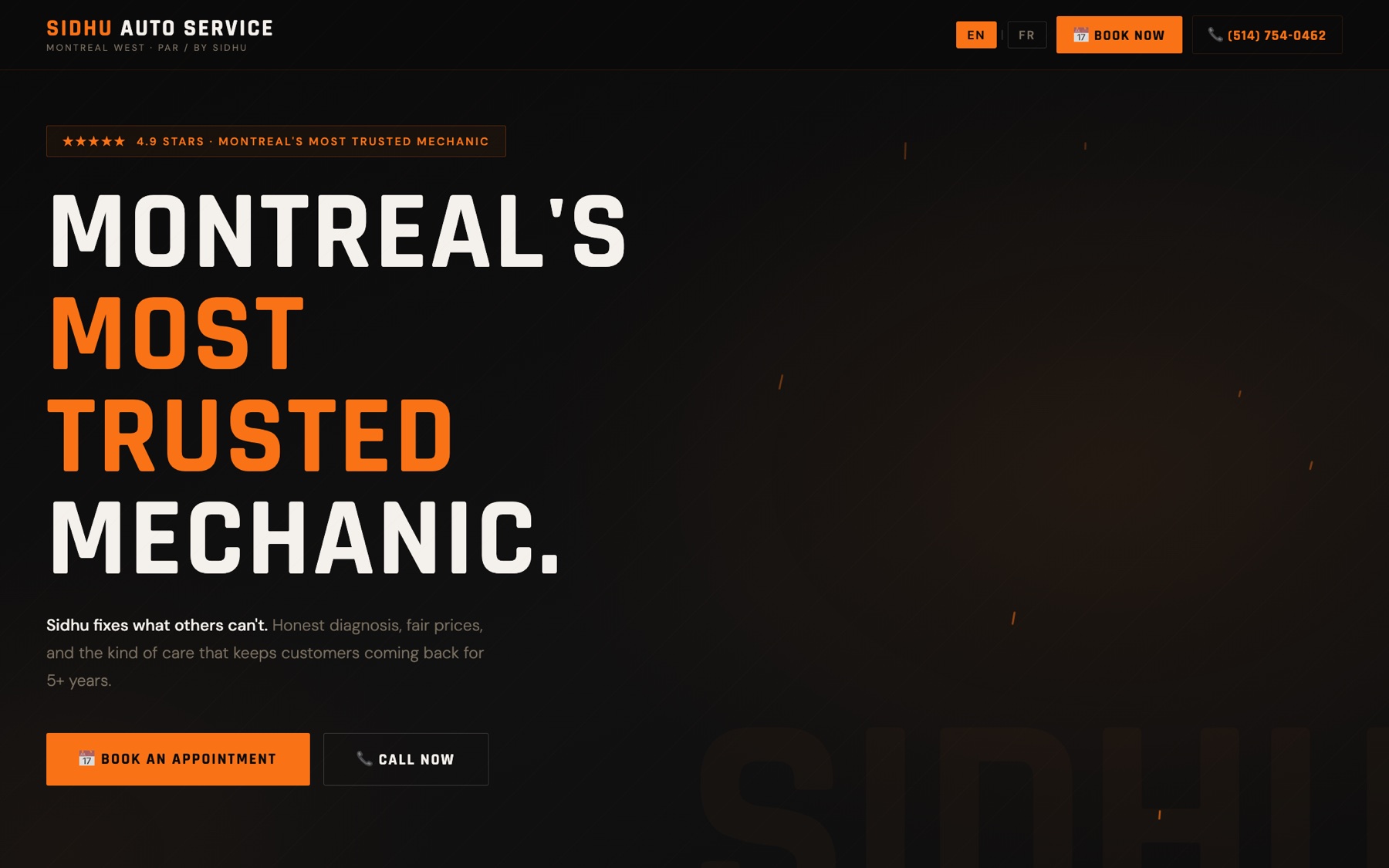 Sidhu Auto Service, website homepage