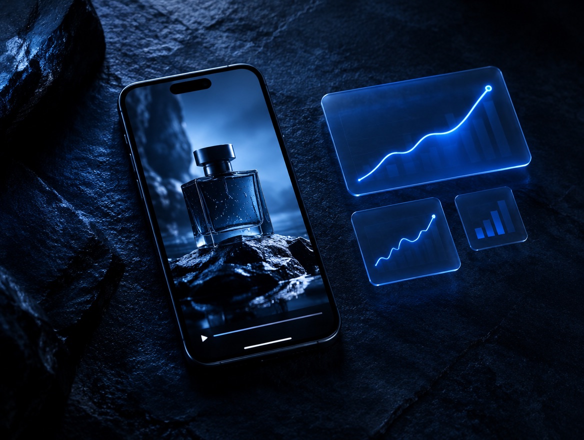Phone showing a vertical video ad beside glowing growth charts