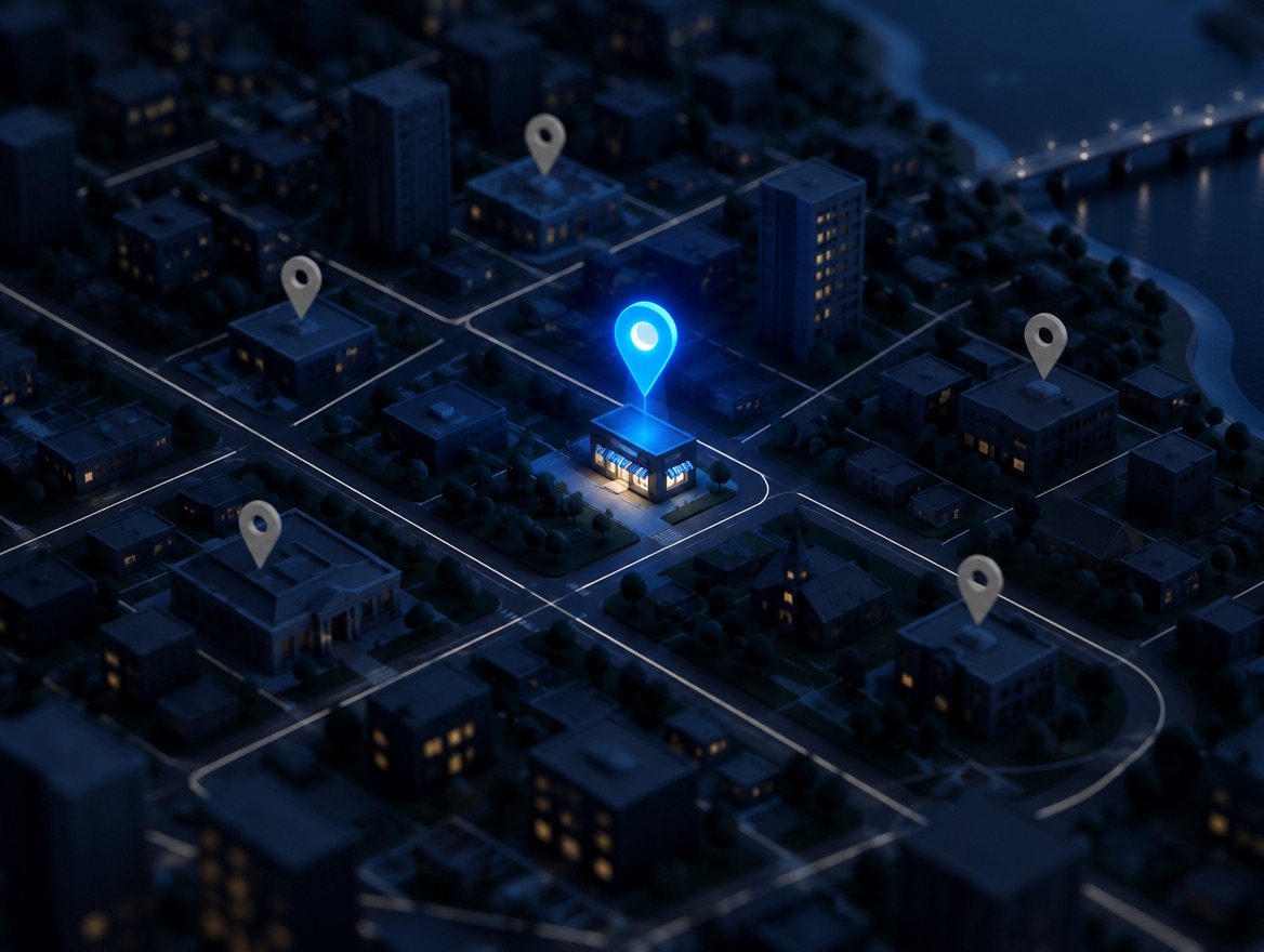 3D night city map with one glowing location pin