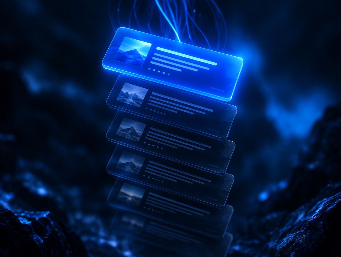 Stack of glowing search result cards with the top one highlighted