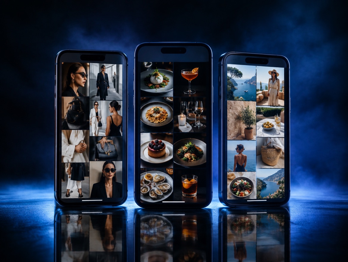 Three phones showing art-directed social media feeds