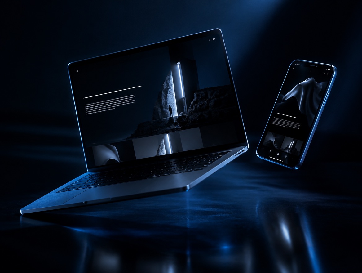Laptop and phone displaying a dark cinematic website